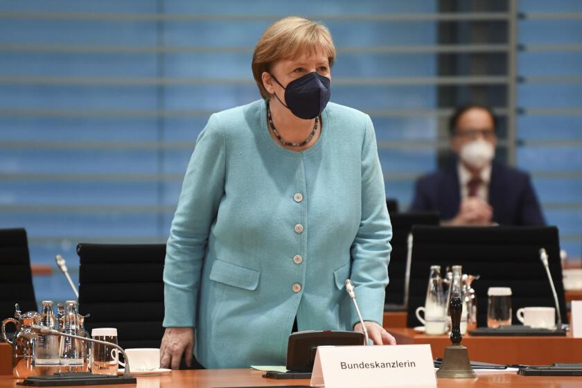 German Chancellor Angela Merkel attends the weekly cabinet meeting at the Chancellery in Berlin, Germany, July 14, 2021. (Annegret Hilse/Pool via AP)