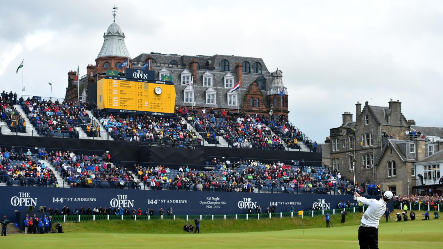 Zach Johnson plays his approach shot to the 18th green during the final round of the British Open at St. Andrews, Scotland, on July 20, 2015.