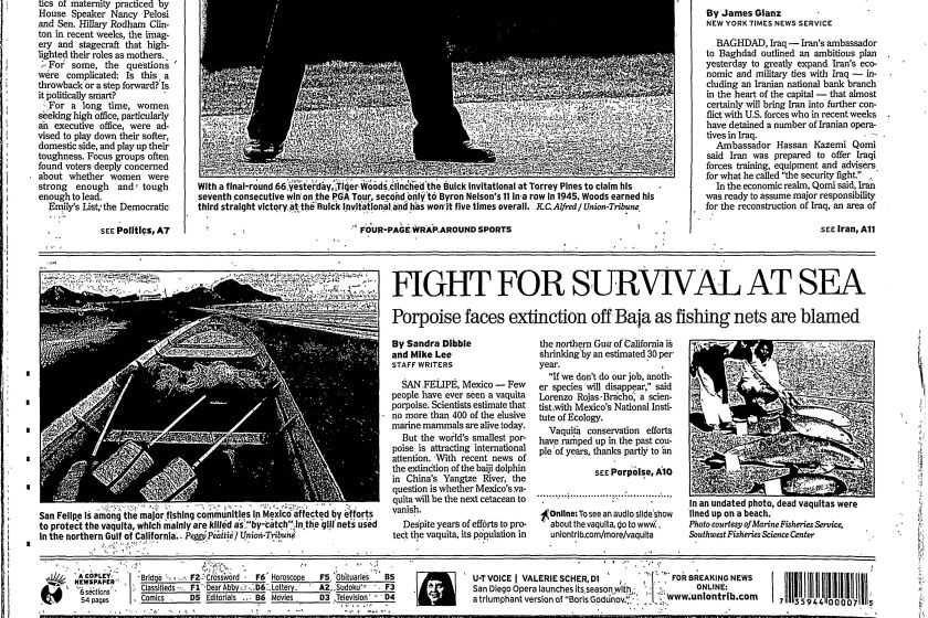 A-1 front page of The San Diego Union-Tribune, Monday, January 29, 2007.