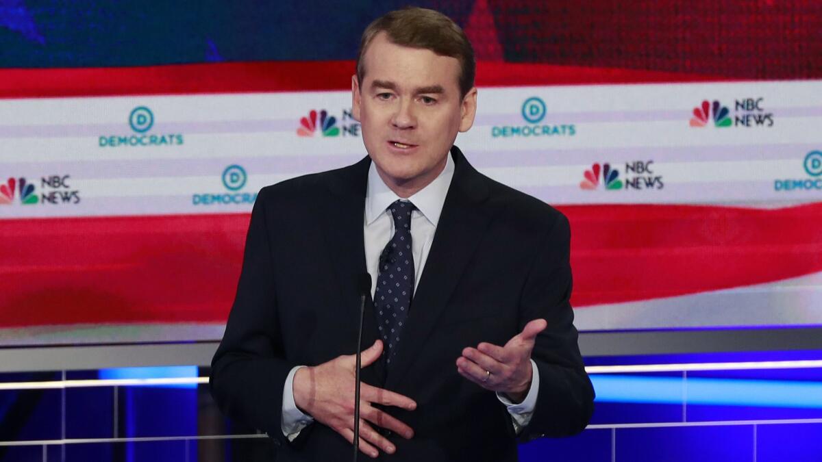 Democratic presidential candidate Colorado Sen. Michael Bennet speaks during the Democratic primary debate hosted by NBC News in Miami.