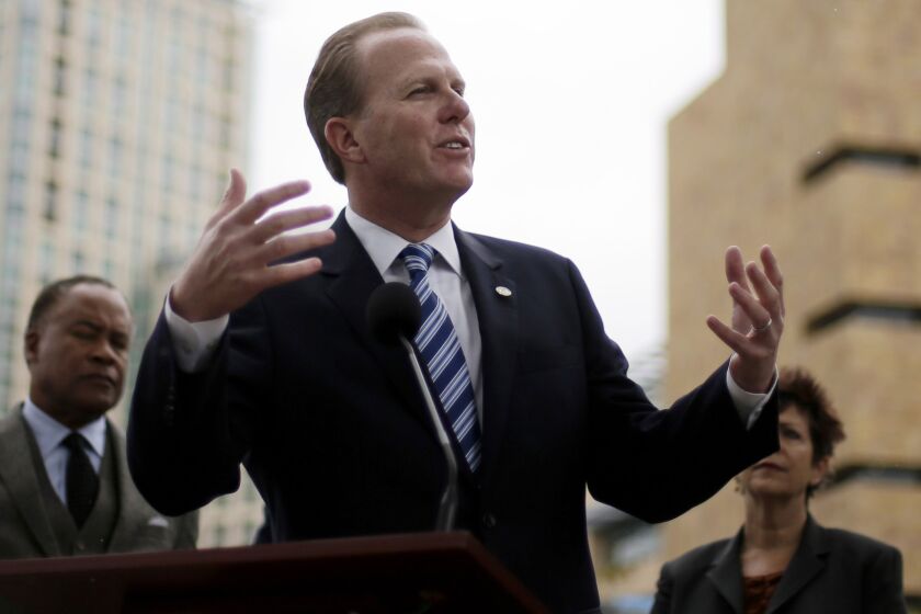 San Diego Mayor Kevin Faulconer speaks about the city's efforts to build a new stadium for the Chargers during a Jan. 30 news conference.
