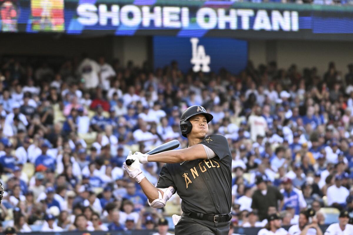 Shohei Ohtani bats during the 2022 MLB All-Star Game at Dodger Stadium.