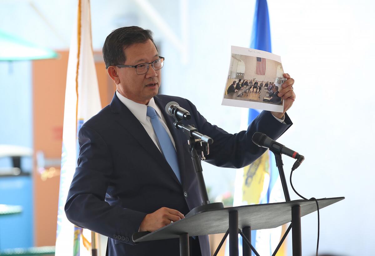 Orange County Supervisor Andrew Do speaks at the ribbon-cutting for the Central Cities Navigation Center in Garden Grove.