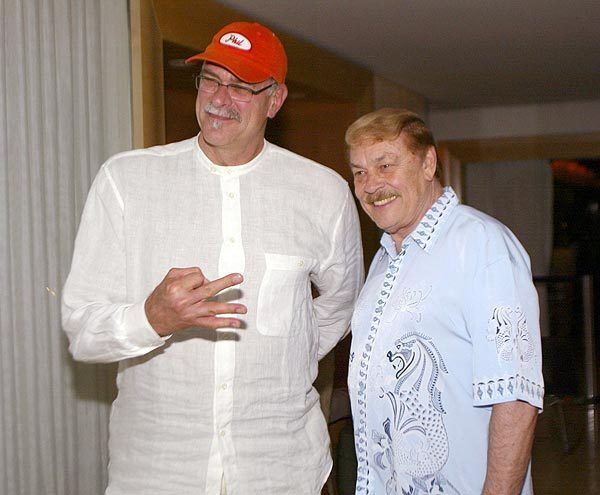 Coach Phil Jackson and owner Jerry Buss enjoy a Lakers victory party hosted by Buss and Jackson at the Mondrian Hotel in West Hollywood on June 16, 2002. The Lakers swept the New Jersey Nets in the NBA Finals.
