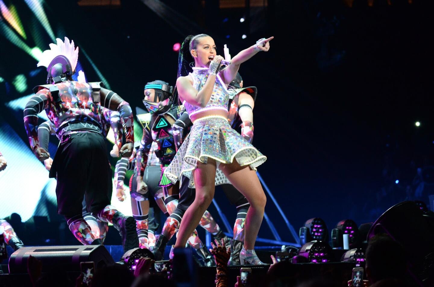Katy Perry took the stage at Madison Square Garden as part of her Prismatic World Tour in a fittingly reflective crop top and skirt.