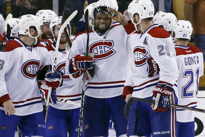 P.K. Subban, center, and the Montreal Canadiens celebrate after dispatching the Boston Bruins in the second round of the NHL playoffs. The Canadiens will face the New York Rangers in the Eastern Conference finals.