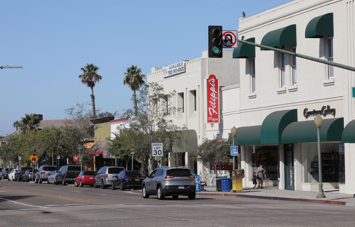 View looking down Grand Avenue in downtown Escondido, middle/right is Filippi's Pizza Grotto. 