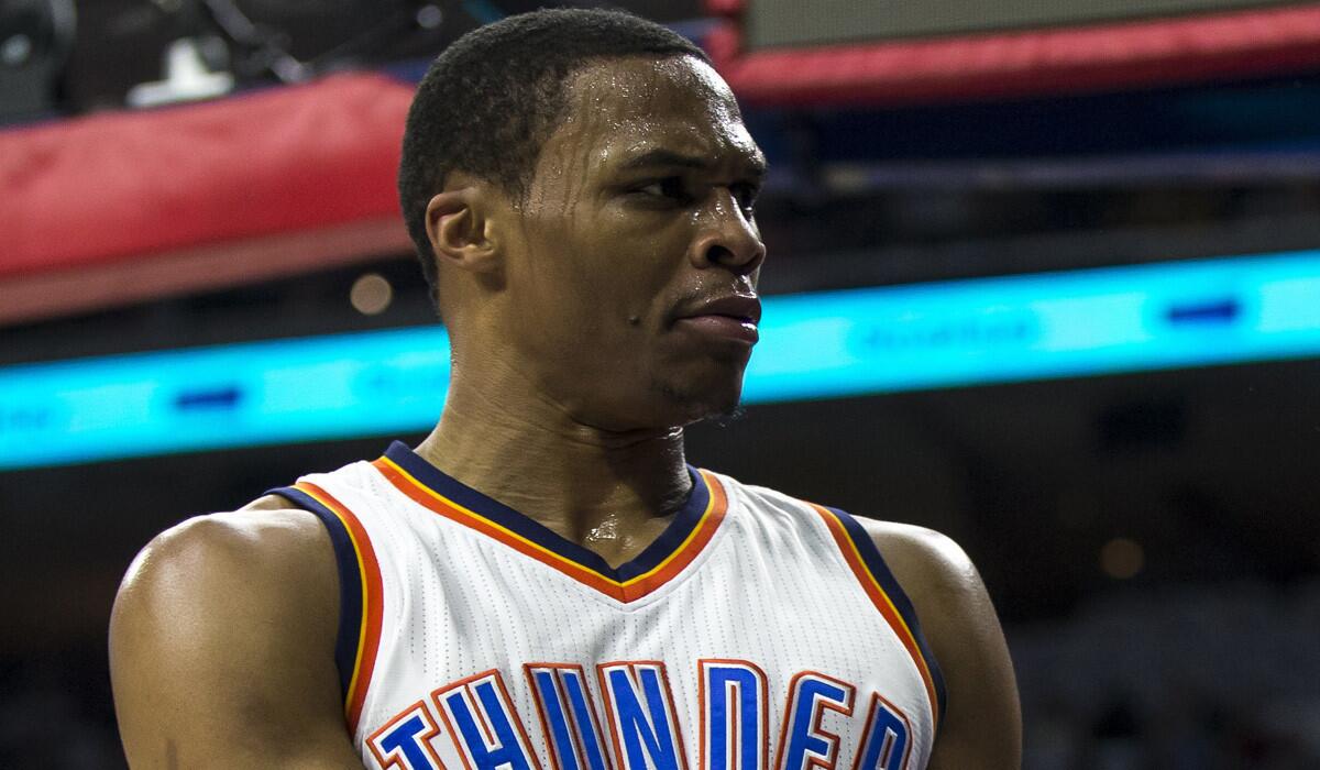 Oklahoma City's Russell Westbrook reacts after being cursed out by a fan in Philadelphia on Wednesday.