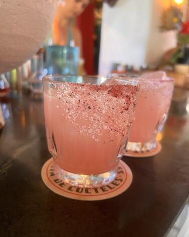The Flores margarita at Bar Flores gets its blush pink hue from hibiscus.