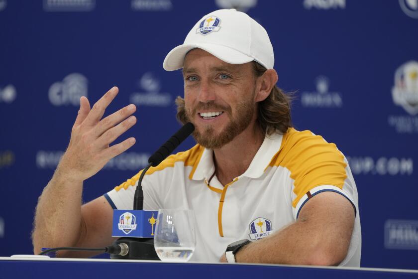 Europe's Tommy Fleetwood attends a press conference ahead of the Ryder Cup at the Marco Simone Golf Club in Guidonia Montecelio, Italy, Tuesday, Sept. 26, 2023. The Ryder Cup starts Sept. 29, at the Marco Simone Golf Club. (AP Photo/Gregorio Borgia)