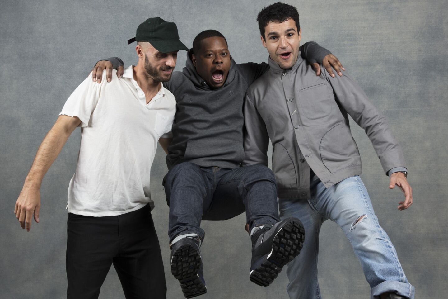 Director Sebastian Silva, from left, and actors Jason Mitchell and Christopher Abbott, from the film, "Tyrel," photographed in the L.A. Times Studio during the Sundance Film Festival in Park City, Utah, Jan. 20, 2018.