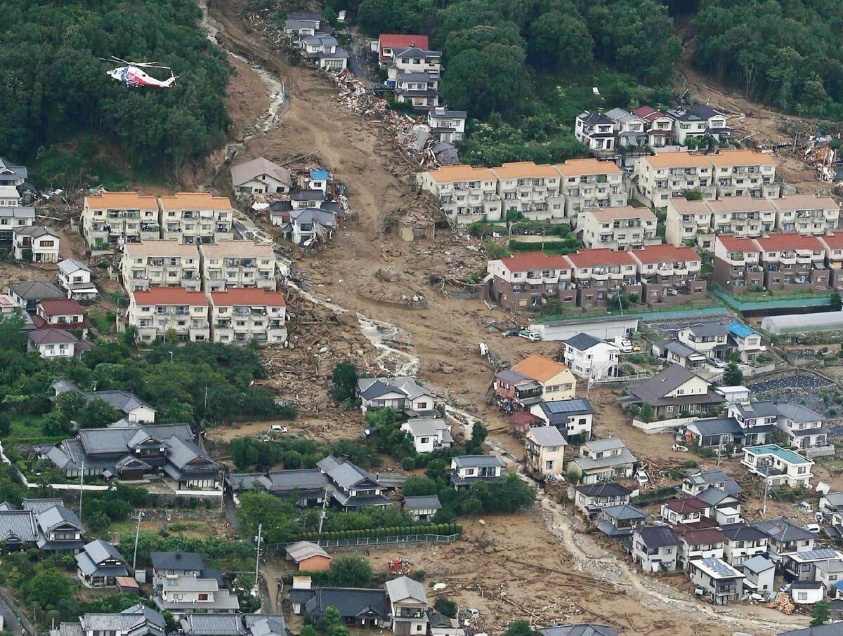 A view from an aircraft shows the damage caused by a landslide after heavy rains hit the Japanese city of Hiroshima on Aug. 20.