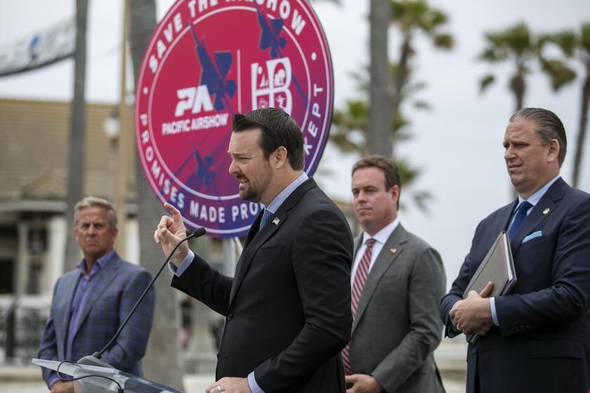 Huntington Beach, CA - May 09: Kevin Elliot, the CEO of Code Four, speaks during a press conference about the Pacific Airshow on Tuesday at Huntington Beach Pier Plaza on Tuesday, May 9, 2023. (Scott Smeltzer / Daily Pilot)