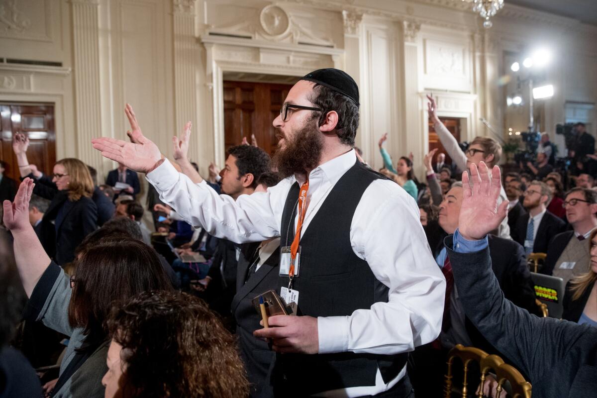 Ami Magazine reporter Jake Turx, shown, was told to "sit down" after he tried to ask President Trump about a documented rise in anti-Semitic episodes in the United States.