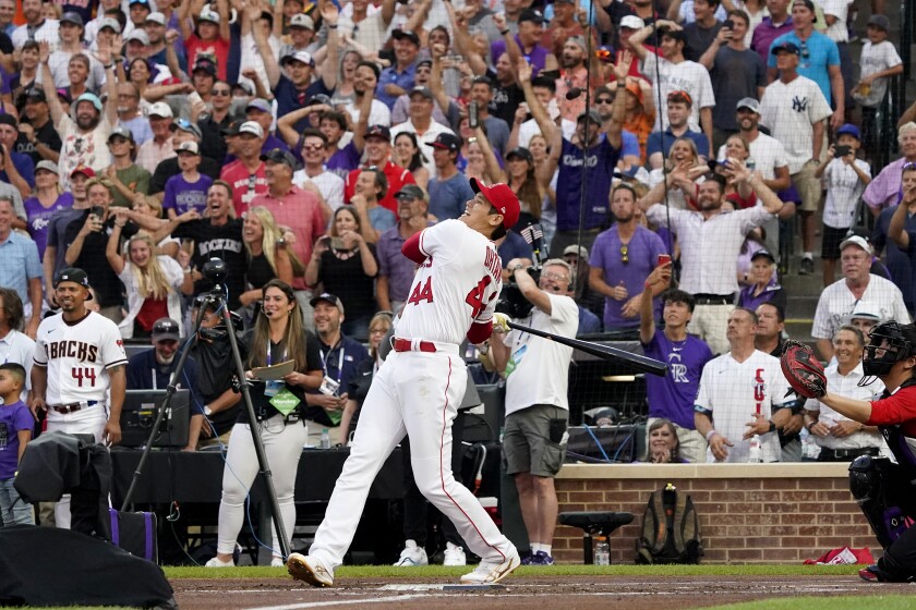 Shohei Ohtani hits during the home run derby.