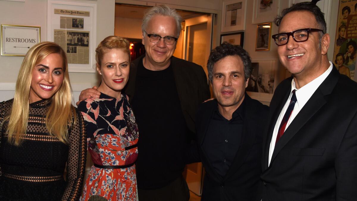 Lauren Sugar, left, Sunrise Coigney, Tim Robbins, Mark Ruffalo and producer Michael Sugar at Anonymous Content's pre-Oscar party Saturday in West Hollywood.