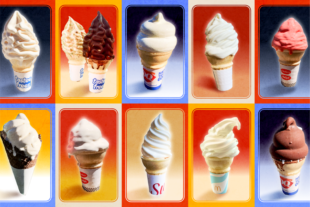 Graphic of 11 fast food soft serve cones in two rows
