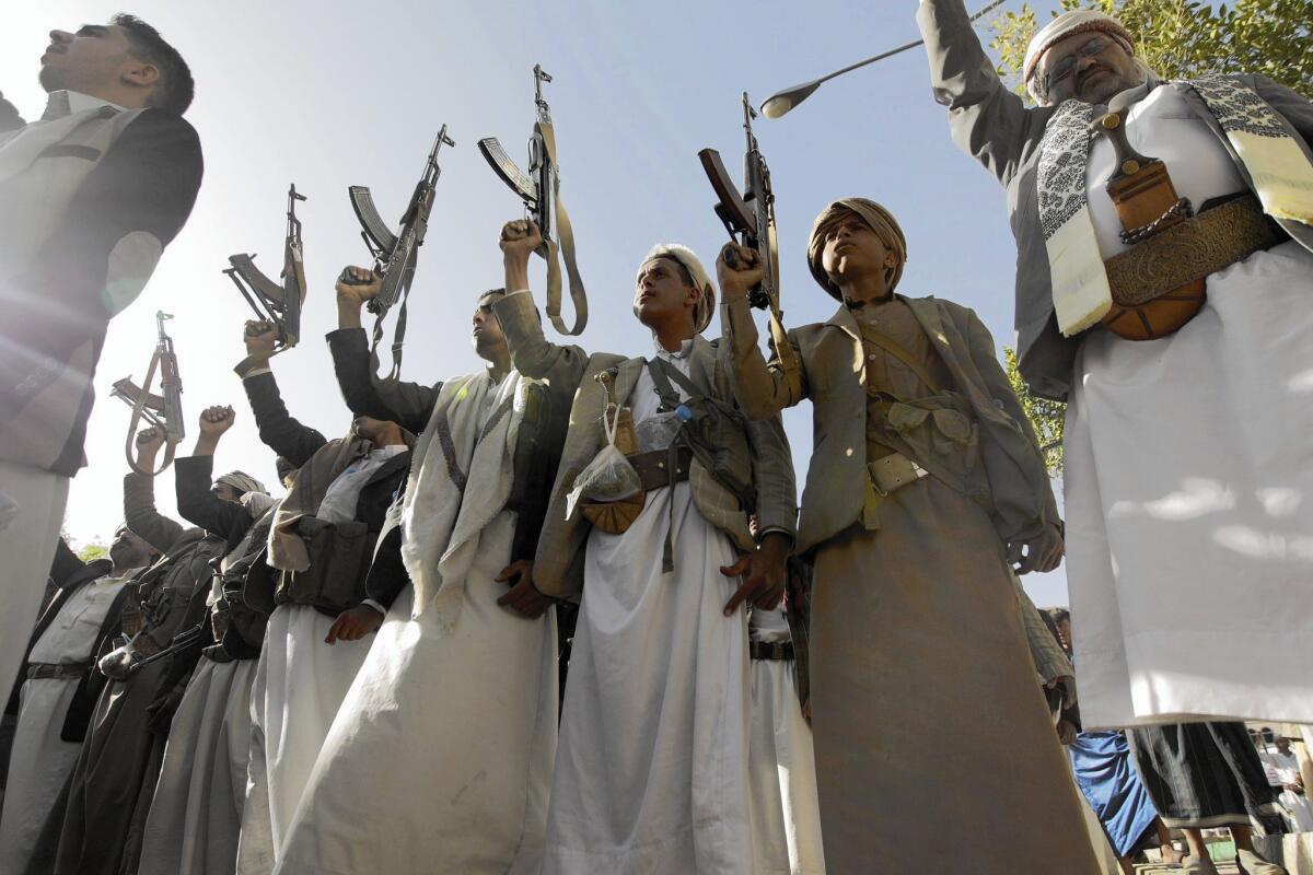 Tribal gunmen in Sana, Yemen, on April 16 protest a U.N. arms embargo against Houthi rebels. Saudi-led airstrikes in Yemen have hit “dozens of public buildings,” including schools and mosques, the U.N. said.