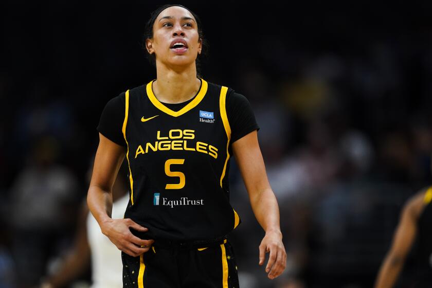 Los Angeles Sparks forward Dearica Hamby (5) reacts against the Las Vegas Aces.