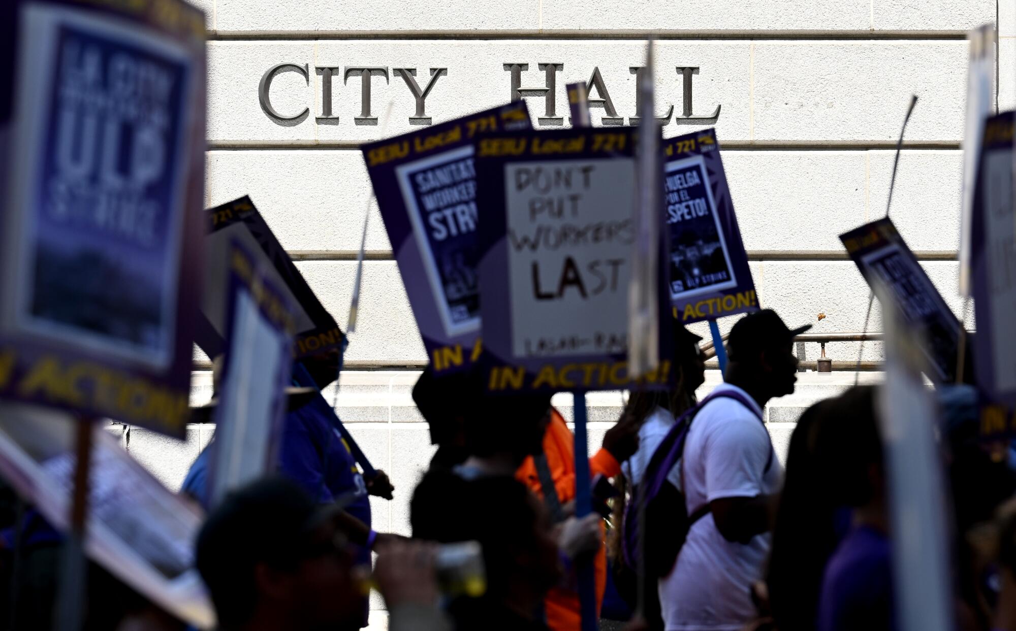 L.A. city workers strike outside City Hall.