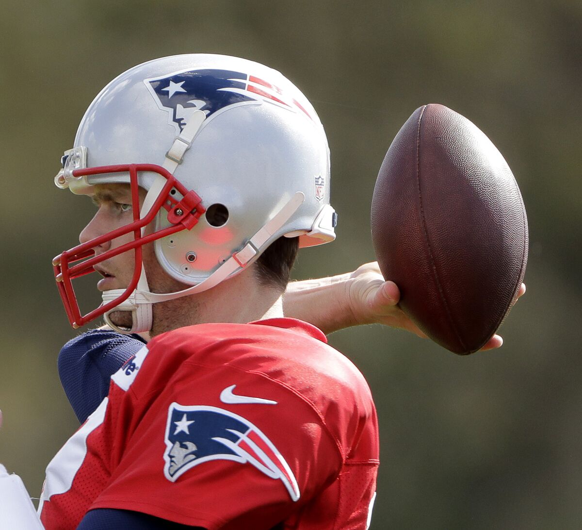 New England Patriots quarterback Tom Brady participates in a drill during practice in Houston on Wednesday for Sunday's NFL Super Bowl against the Atlanta Falcons.