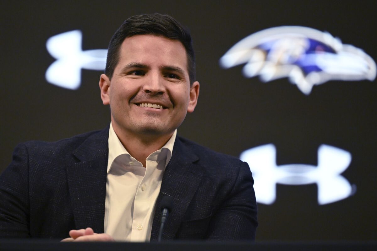 Baltimore Ravens new defensive coordinator Mike Macdonald answers questions during an NFL football news conference, Wednesday, Feb. 2, 2022, in Owings Mills, Md. (AP Photo/Gail Burton)