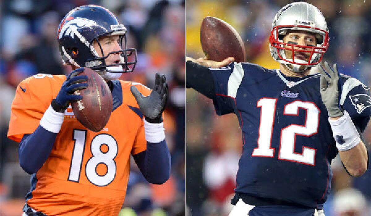 Denver's Peyton Manning, left, and New England's Tom Brady will face off Sunday in the AFC championship game.