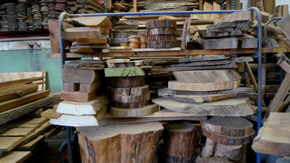 A collection of recycled wood at the Urban Timber workshop.