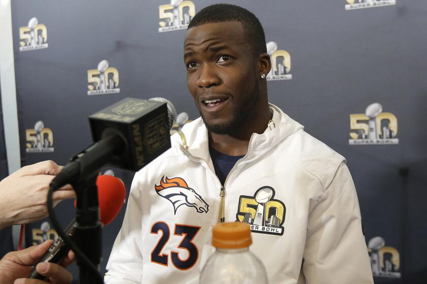 FILE - Denver Broncos running back Ronnie Hillman speaks to reporters in Santa Clara, Calif., Tuesday, Feb. 2, 2016, ahead of Super Bowl 50. Hillman, who was part of the Denver Broncos team that won Super Bowl 50, has died, his family said in a statement. He was 31. Hillman's family posted on his Instagram account Wednesday, Dec. 21, 2022, that he was diagnosed in August with a rare form of kidney cancer called renal medullary carcinoma and was under hospice care. The family wrote hours later that he died surrounded by family and close friends. (AP Photo/Jeff Chiu, File)