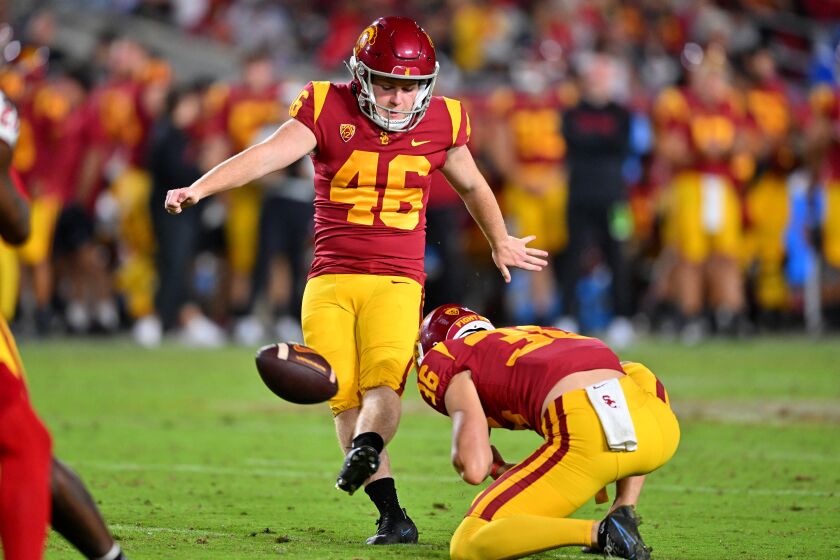 LOS ANGELES, CA - SEPTEMBER 17: Kicker Denis Lynch #46 of the USC Trojans hits a field goal in the game against the Fresno State Bulldogs at United Airlines Field at the Los Angeles Memorial Coliseum on September 17, 2022 in Los Angeles, California. (Photo by Jayne Kamin-Oncea/Getty Images)