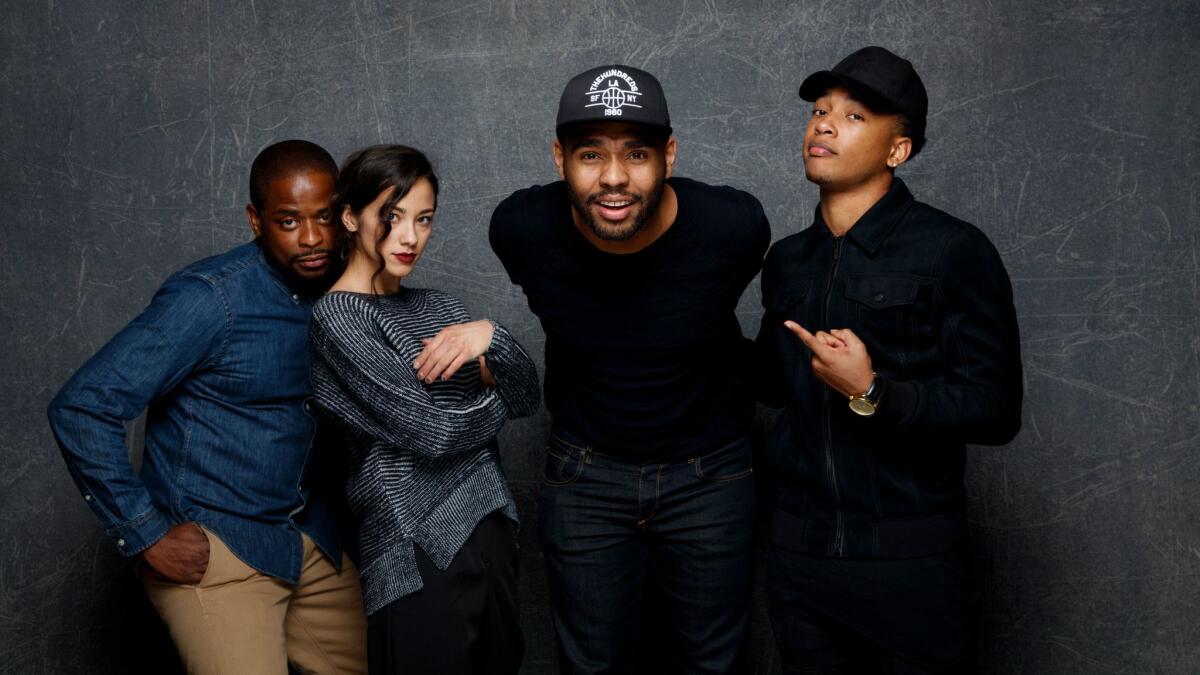 Dulé Hill, from left, Seychelle Gabriel, JD Dillard, writer and director, and Jacob Latimore from the film "Sleight" pose for a portrait at the Sundance Film Festival.