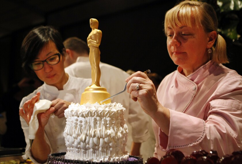 Pastry chef Sherry Yard, right, and Spago pastry chef Della Gossett prepare a dessert in preparation for the post-Oscars Governor's Ball in 2013.