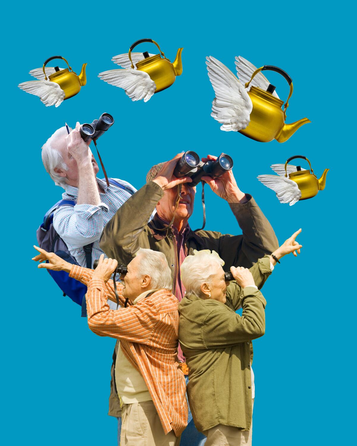 An illustration of tea kettles with wings and people with binoculars