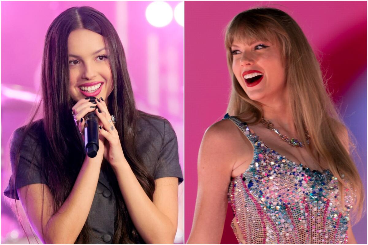 Separate photos of Olivia Rodrigo holding a microphone and Taylor Swift smiling in a sparkly bodysuit
