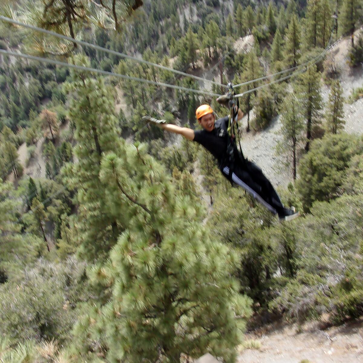 A young man riding a zipline over the forest floor.