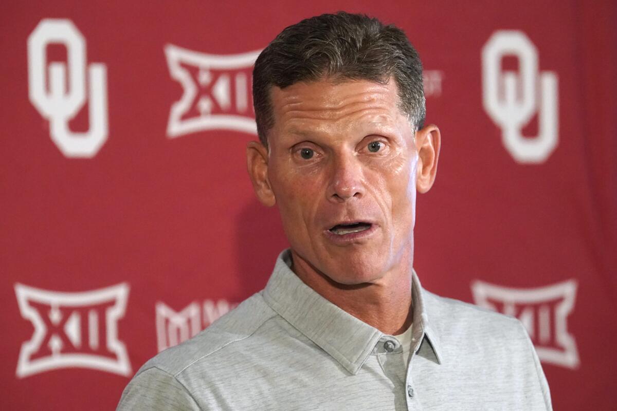 Oklahoma head coach Brent Venables speaks during an NCAA college football news conference, Tuesday, Sept. 6, 2022, in Norman, Okla. Oklahoma defeated UTEP 45-13 on Saturday for Venables' first career victory as a head coach. (AP Photo/Sue Ogrocki)