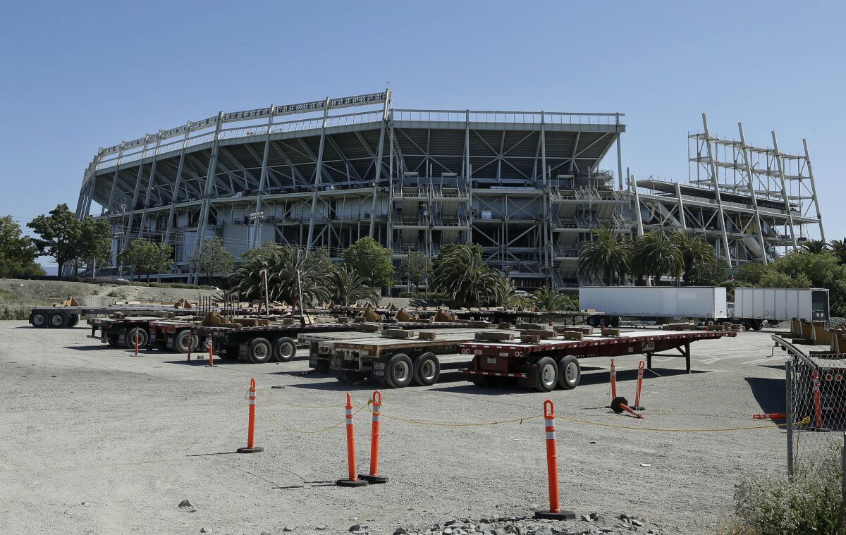 The exterior of the new San Francisco 49ers football stadium under construction in Santa Clara.