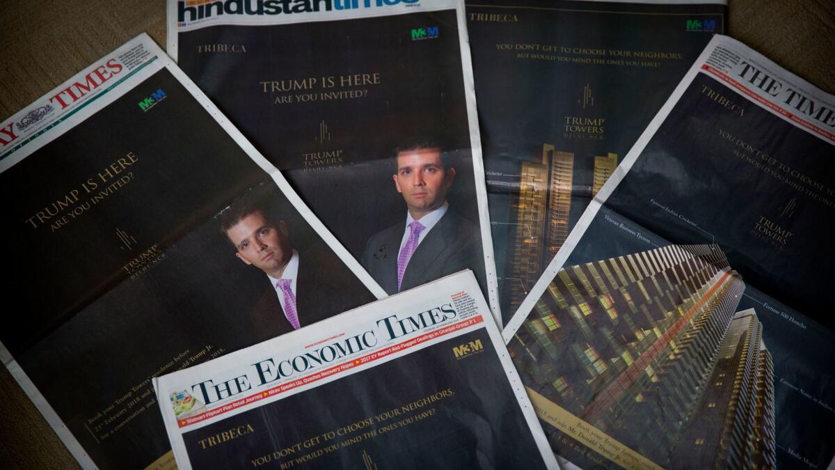 Indian newspaper ads herald the arrival of Donald Trump Jr.