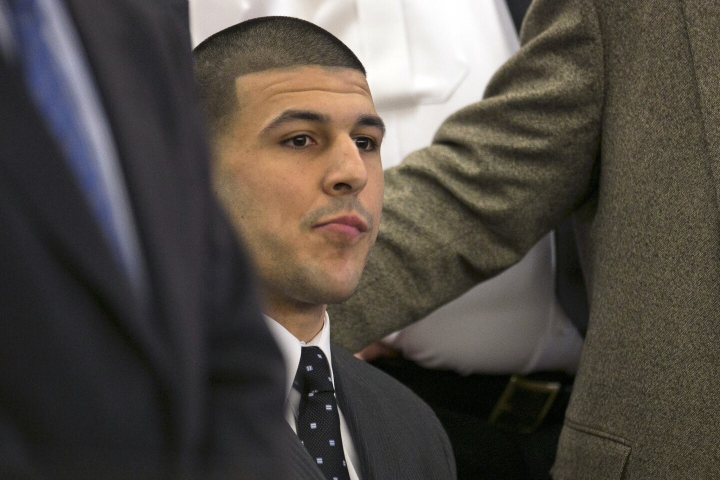 Former New England Patriots tight end Aaron Hernandez listens as the guilty verdict is read during his murder trial at the Bristol County Superior Court in Fall River, Mass., on Wednesday.