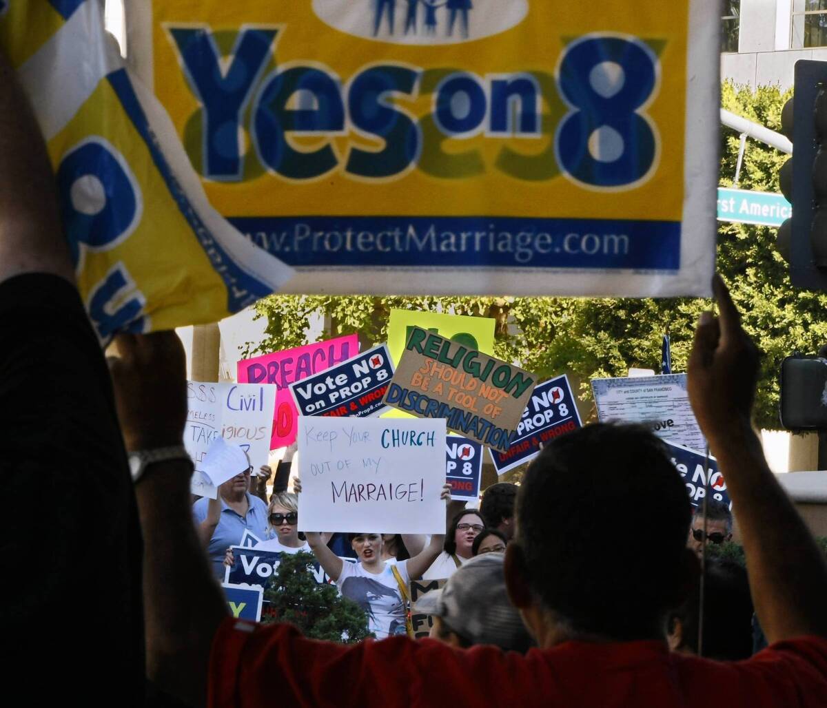 Opposing groups face off in November 2008 over California's Proposition 8, which banned same-sex marriage in the state. The Obama administration is urging the Supreme Court to strike down Proposition 8.