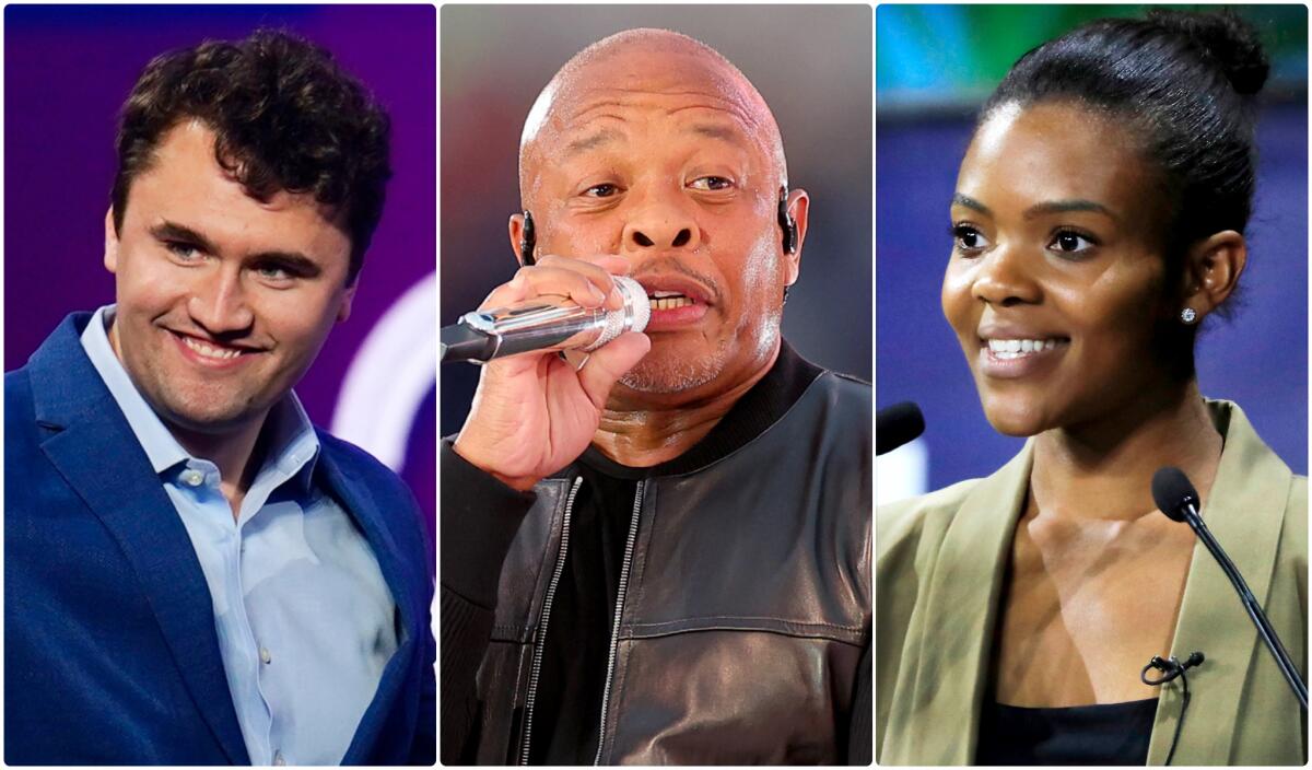 Triptych with Charlie Kirk, Dr. Dre and Candace Owens.