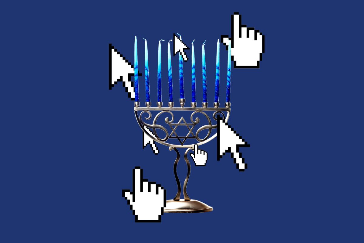 An illustration shows a menorah surrounded by computer cursors