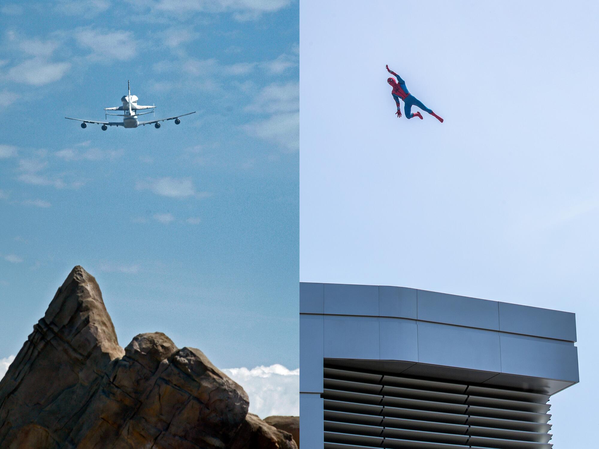 Two photos side by side showing Endeavour flying over Disneyland, left, and Spiderman soaring over California Adventure.