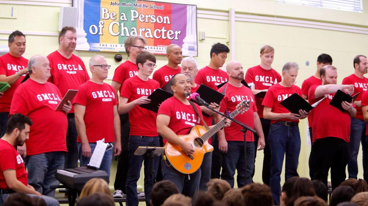 The Gay Men's Chorus L.A. performs for students during Muir United day at Muir Middle School in Burbank on Thursday, Nov. 16, 2017.