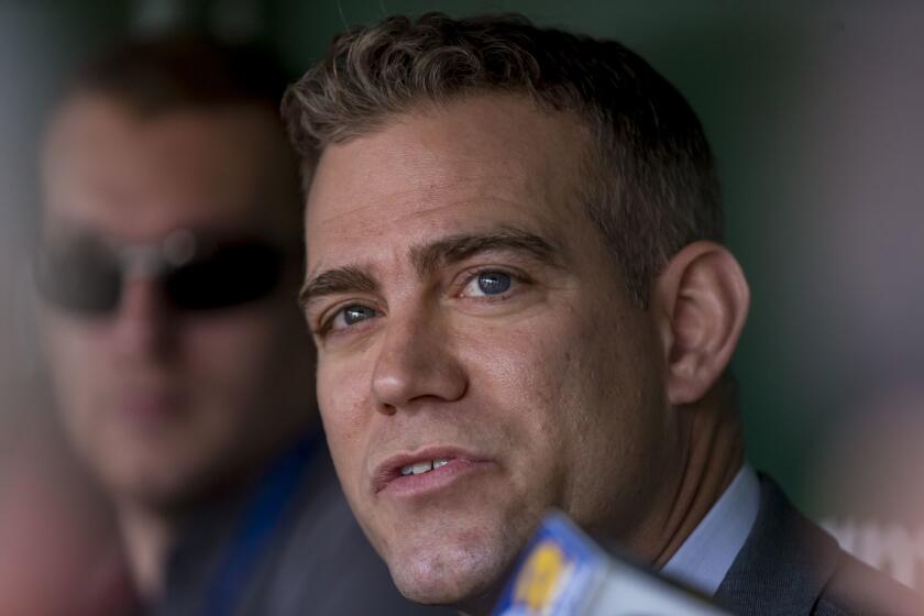 Cubs President Theo Epstein speaks Monday, April 8, 2019, before the home opener at Wrigley Field.