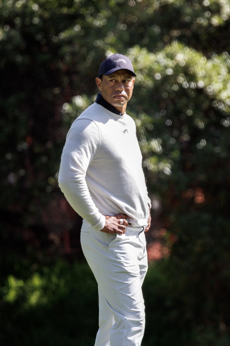 PACIFIC PALISADES, CA - FEBRUARY 15, 2024: Tiger Woods waits to putt on the 13th hole.