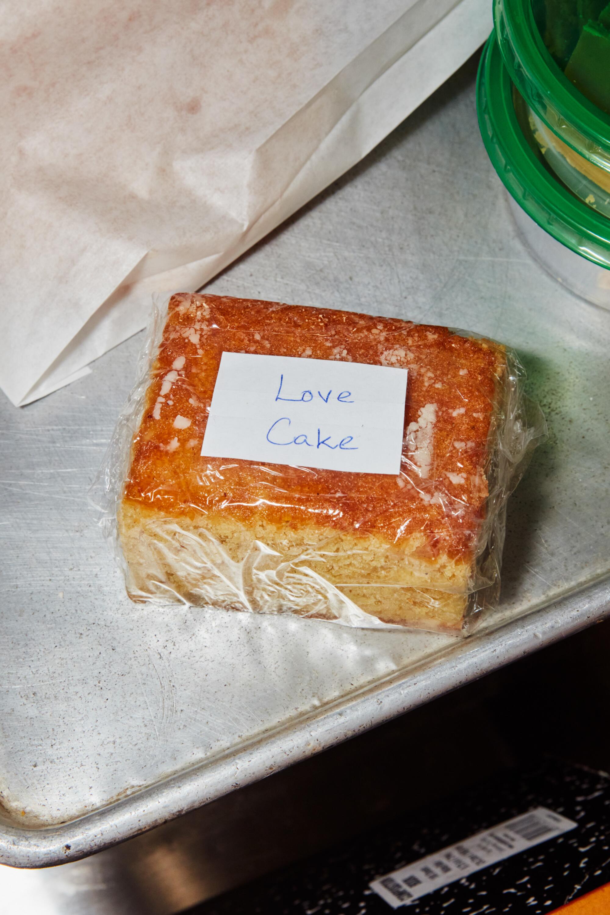Individually wrapped Love Cake dessert. 