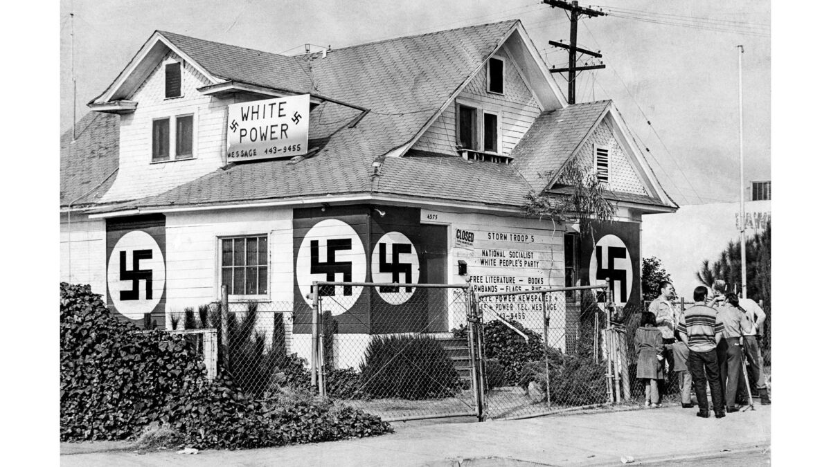 January 1972: The National Socialist White People's Party moved its headquarters to El Monte in 1966. This photo appeared in the Jan. 13, 1972, Los Angeles Times.