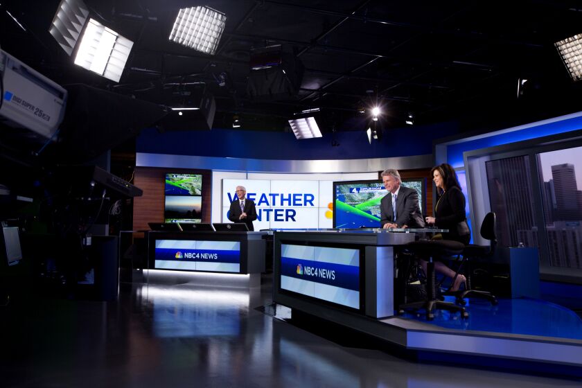 Fritz Coleman, Chuck Henry and Colleen Williams in the KNBC-TV Channel 4 studio in 2014.