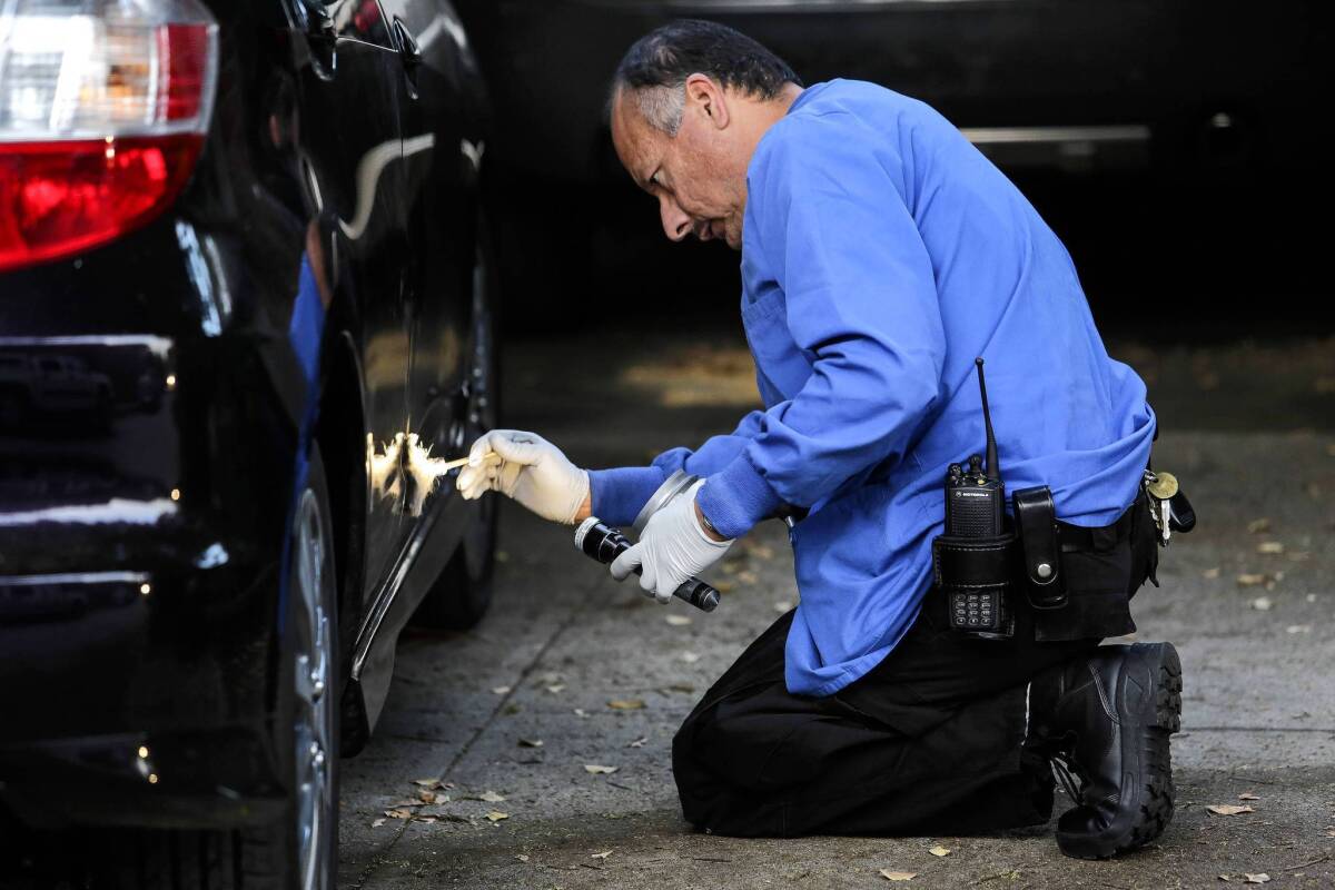 An LAPD print specialist dusts a Honda Fit for prints in the 2300 block of Moreno Drive on Thursday. The vehicle was broken into the evening before state Assemblyman Mike Gatto's father was found dead in a nearby home.